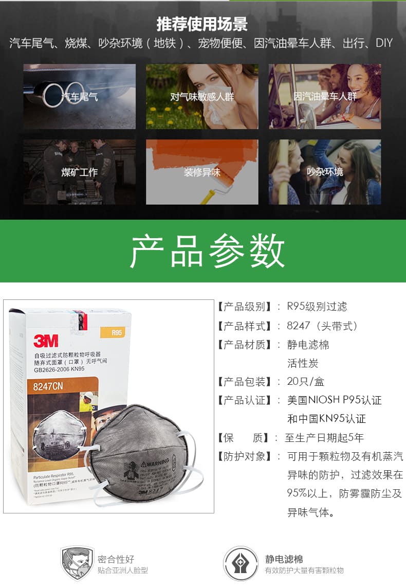 3M 8247CN KN95 防颗粒物口罩 （头戴式、活性炭、减除有机蒸气异味）